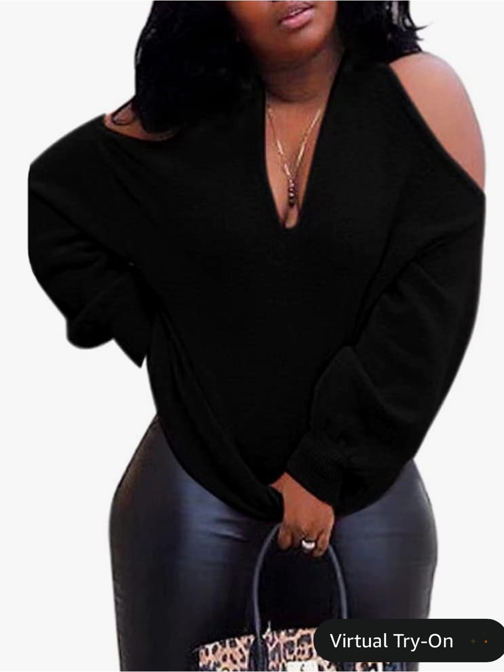 Amazon Black Off-Shoulder V-Neck Knit Sweater